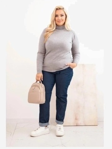Dámsky viskózový sveter Plus Size s golierom v klasickom strihu šedý