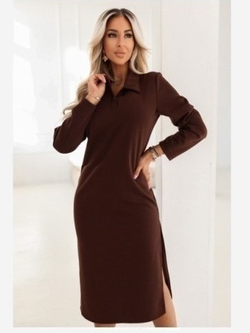 649-1 Elegantné midi šaty s golierom a bočným rázporkom - čokoládové