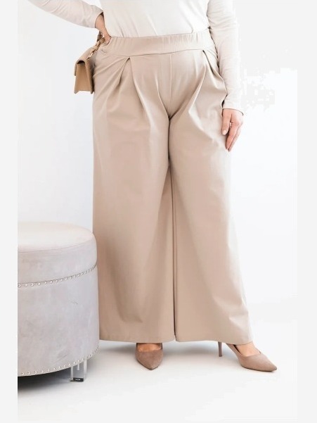 Dámske nohavice Plus Size so širokými nohavicami a plisovaním tmavo béžové