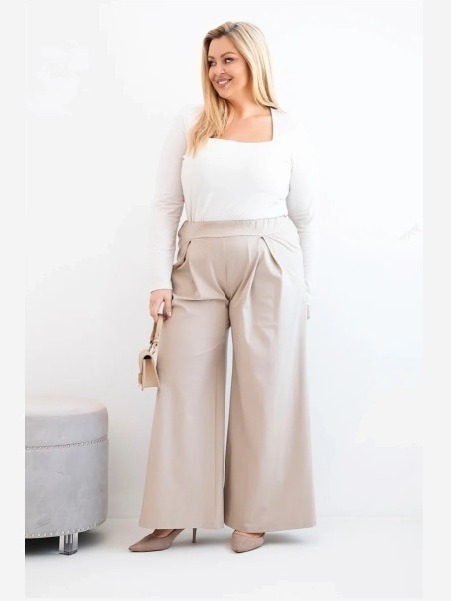 Dámske nohavice Plus Size so širokými nohavicami a plisovaním tmavo béžové