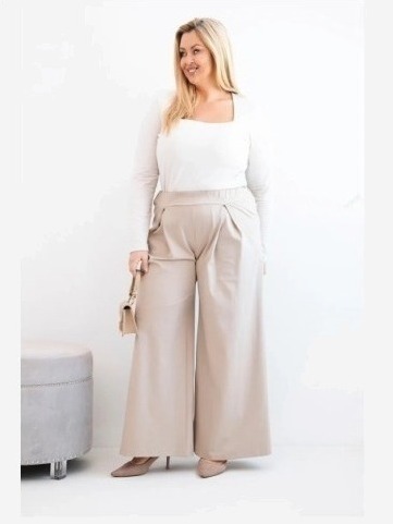 Dámske nohavice Plus Size so širokými nohavicami a plisovaním tmavo béžové