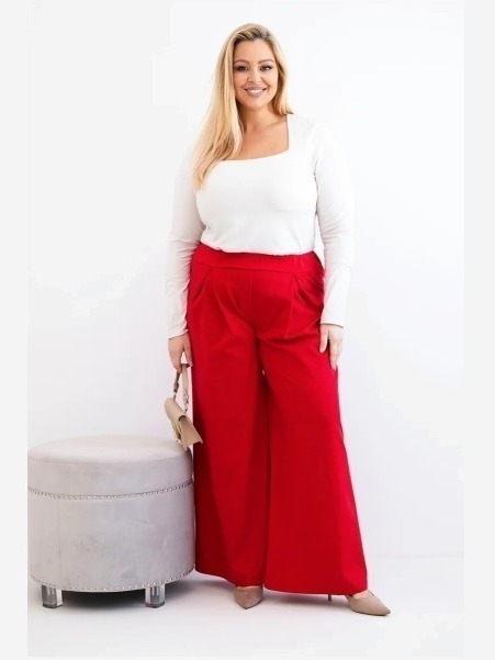 Dámske nohavice Plus Size so širokými nohavicami a plisé červené