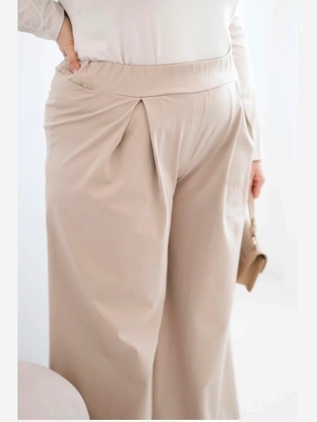 Dámske nohavice Plus Size so širokými nohavicami a plisovaním tmavo béžové