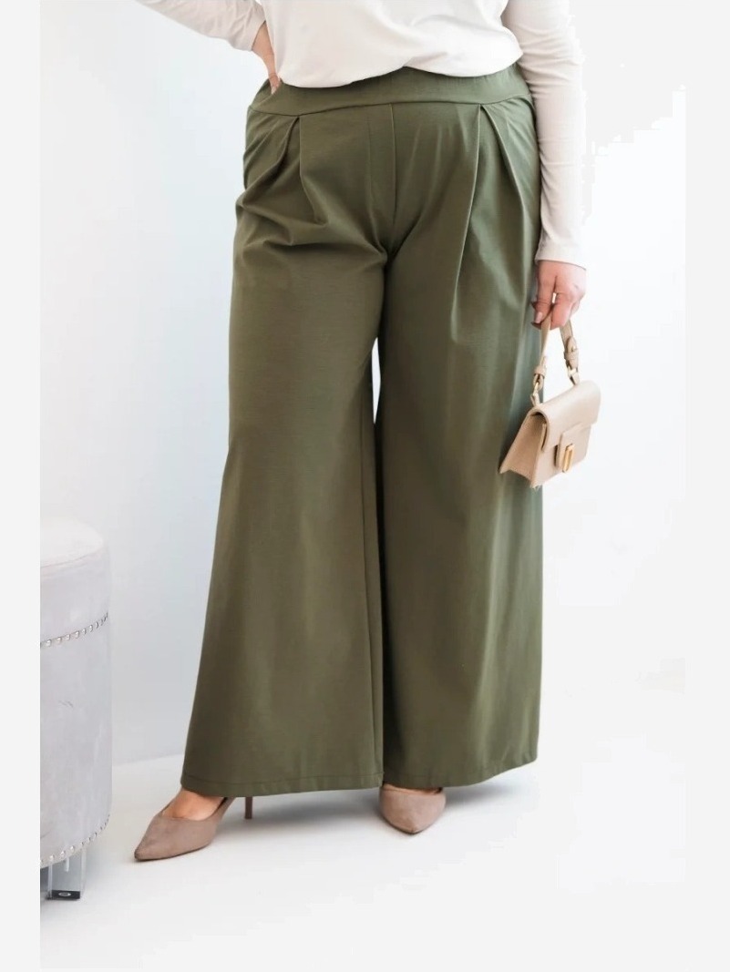 Dámske nohavice Plus Size so širokými nohavicami a plisovaním khaki