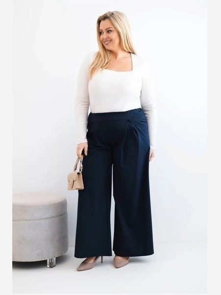 Dámske nohavice Plus Size so širokými nohavicami a plisovaním modré