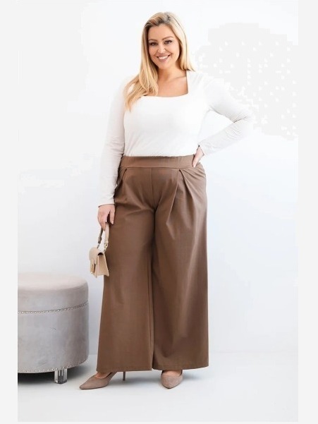 Dámske nohavice Plus Size so širokými nohavicami a skladaním camelové