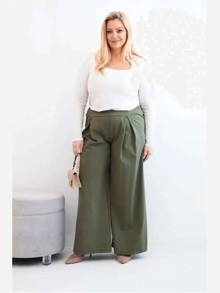 Dámske nohavice Plus Size so širokými nohavicami a plisovaním khaki