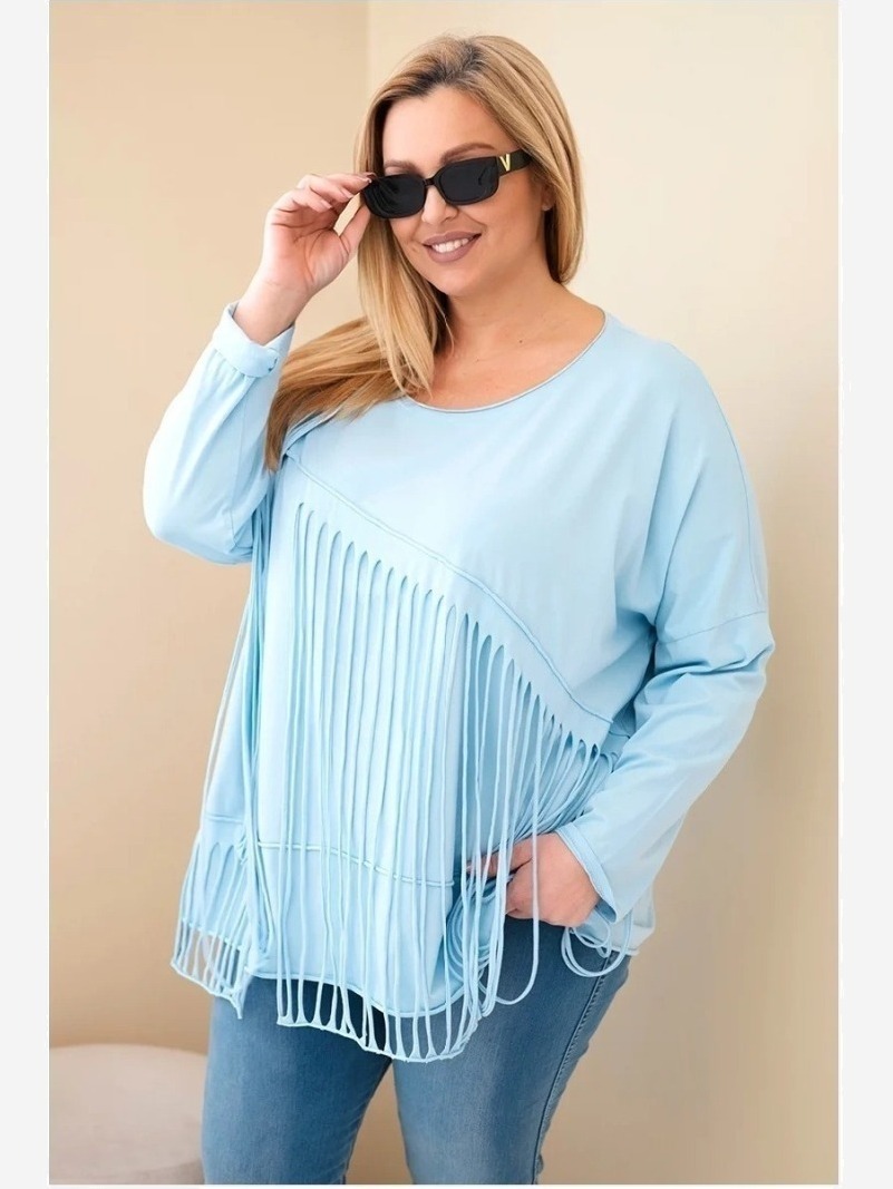 Dámska bavlnená blúzka Plus Size s strapcami modrá