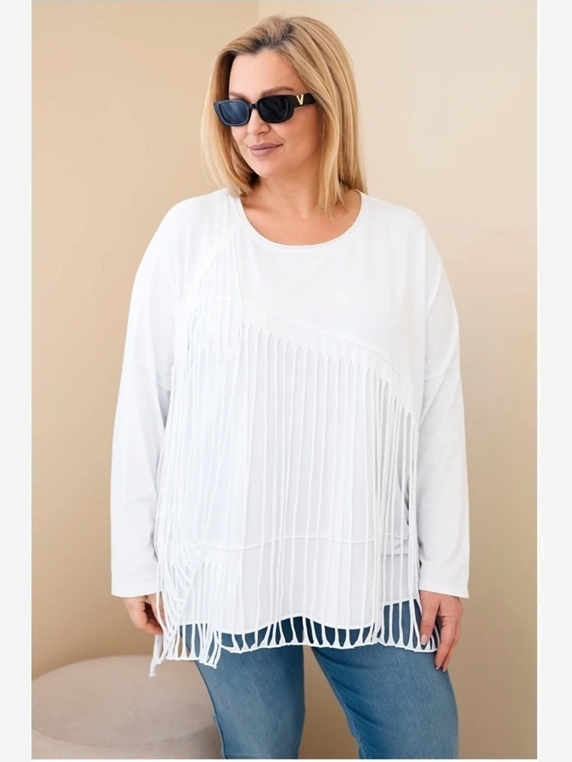 Dámska bavlnená blúzka Plus Size s strapcami biela