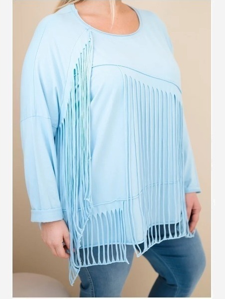 Dámska bavlnená blúzka Plus Size s strapcami modrá