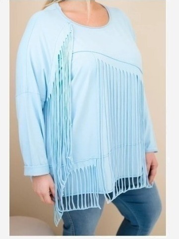 Dámska bavlnená blúzka Plus Size s strapcami modrá