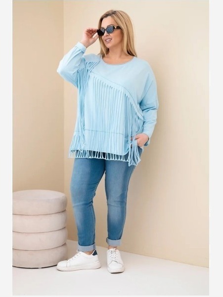 Dámska bavlnená blúzka Plus Size s strapcami modrá