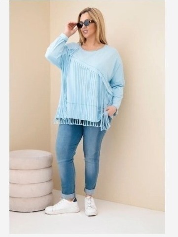 Dámska bavlnená blúzka Plus Size s strapcami modrá