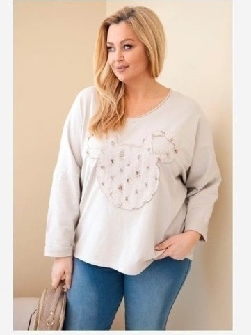 Dámska bavlnená blúzka Plus Size s výstrihom do V béžová