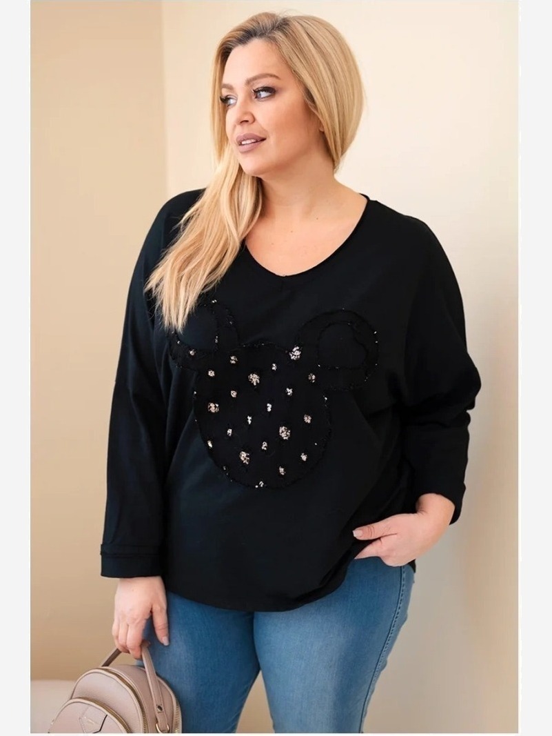Dámska bavlnená blúzka Plus Size s V výstrihom čierna