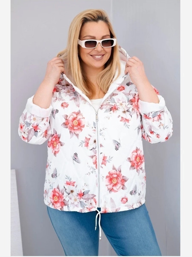 Dámska jarná prešívaná bunda Plus Size s kapucňou a kvetinovým vzorom biela