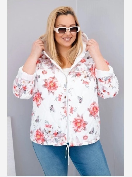 Dámska jarná prešívaná bunda Plus Size s kapucňou a kvetinovým vzorom biela