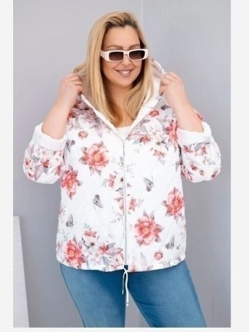 Dámska jarná prešívaná bunda Plus Size s kapucňou a kvetinovým vzorom biela