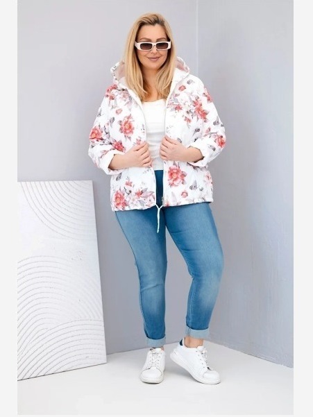 Dámska jarná prešívaná bunda Plus Size s kapucňou a kvetinovým vzorom biela