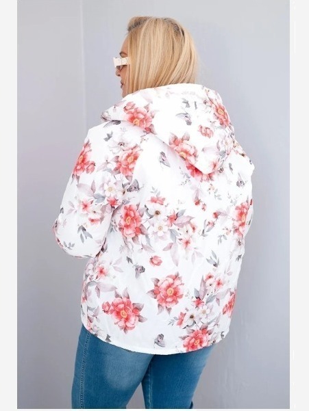 Dámska jarná prešívaná bunda Plus Size s kapucňou a kvetinovým vzorom biela