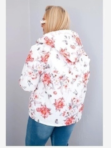 Dámska jarná prešívaná bunda Plus Size s kapucňou a kvetinovým vzorom biela