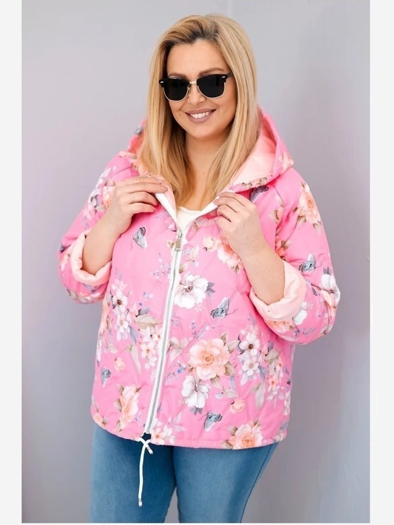Dámska jarná prešívaná bunda Plus Size s kapucňou a kvetinovým vzorom svetloružová