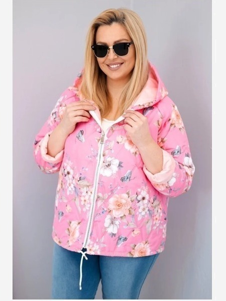 Dámska jarná prešívaná bunda Plus Size s kapucňou a kvetinovým vzorom svetloružová