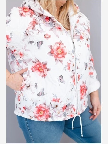 Dámska jarná prešívaná bunda Plus Size s kapucňou a kvetinovým vzorom biela