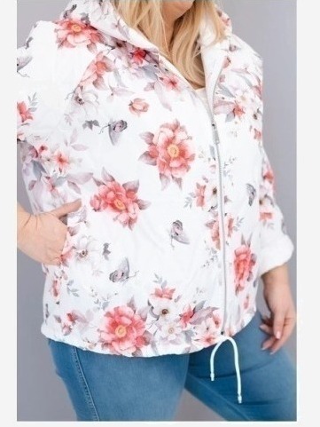 Dámska jarná prešívaná bunda Plus Size s kapucňou a kvetinovým vzorom biela