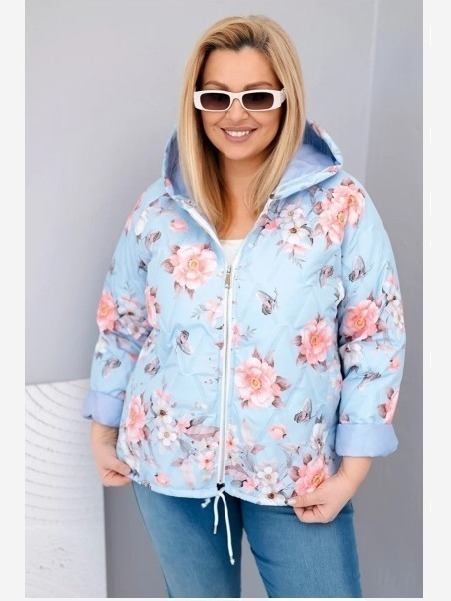 Dámska jarná prešívaná bunda Plus Size s kapucňou a kvetinovým vzorom modrá