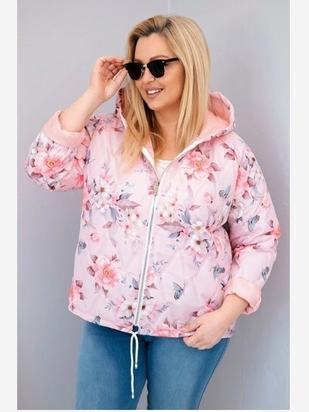Dámska jarná prešívaná bunda Plus Size s kapucňou a kvetinovým vzorom pudrová ružová