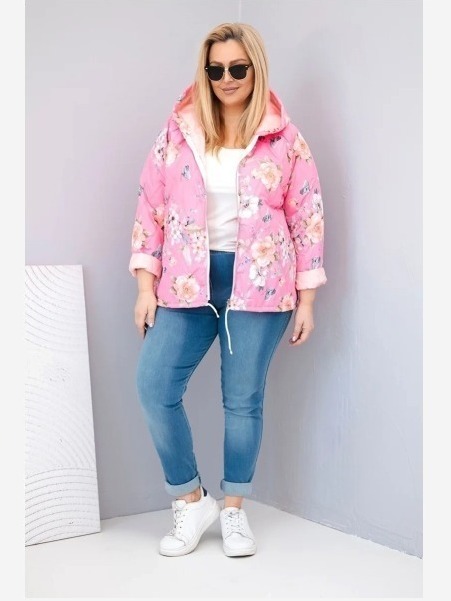 Dámska jarná prešívaná bunda Plus Size s kapucňou a kvetinovým vzorom svetloružová