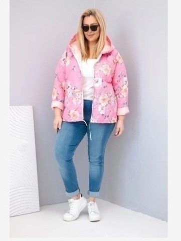 Dámska jarná prešívaná bunda Plus Size s kapucňou a kvetinovým vzorom svetloružová