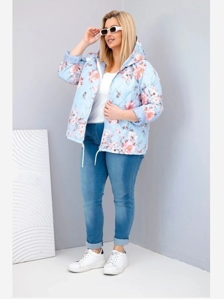 Dámska jarná prešívaná bunda Plus Size s kapucňou a kvetinovým vzorom modrá