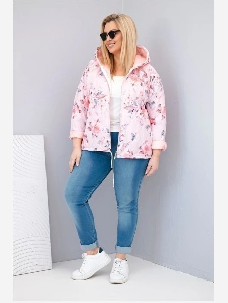 Dámska jarná prešívaná bunda Plus Size s kapucňou a kvetinovým vzorom pudrová ružová