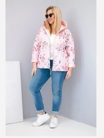 Dámska jarná prešívaná bunda Plus Size s kapucňou a kvetinovým vzorom pudrová ružová