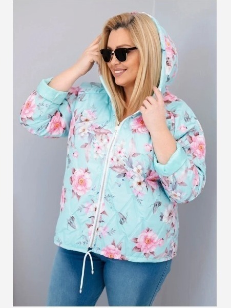 Dámska jarnej prešívanej bunda Plus Size s kapucňou a kvetinovým vzorom mätová