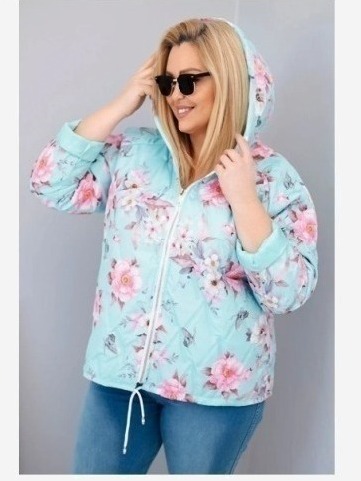 Dámska jarnej prešívanej bunda Plus Size s kapucňou a kvetinovým vzorom mätová