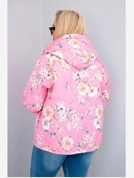 Dámska jarná prešívaná bunda Plus Size s kapucňou a kvetinovým vzorom svetloružová