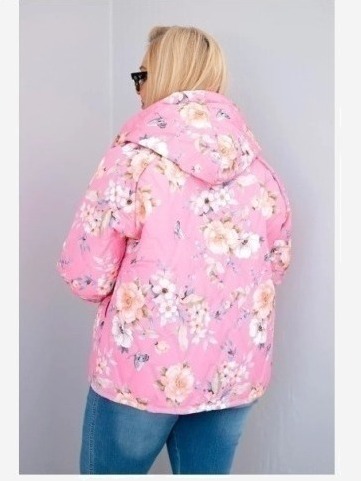 Dámska jarná prešívaná bunda Plus Size s kapucňou a kvetinovým vzorom svetloružová