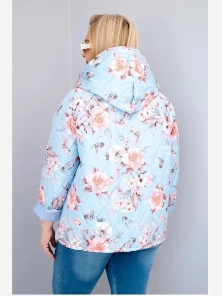 Dámska jarná prešívaná bunda Plus Size s kapucňou a kvetinovým vzorom modrá