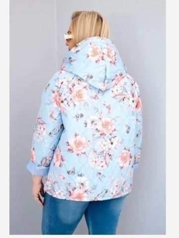 Dámska jarná prešívaná bunda Plus Size s kapucňou a kvetinovým vzorom modrá