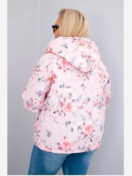 Dámska jarná prešívaná bunda Plus Size s kapucňou a kvetinovým vzorom pudrová ružová
