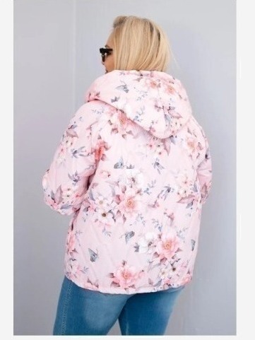 Dámska jarná prešívaná bunda Plus Size s kapucňou a kvetinovým vzorom pudrová ružová