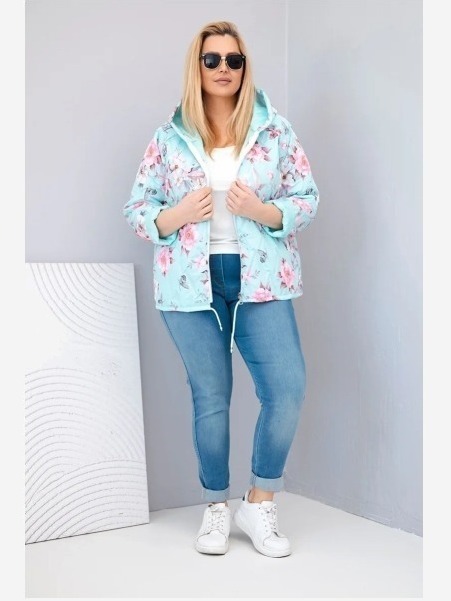 Dámska jarnej prešívanej bunda Plus Size s kapucňou a kvetinovým vzorom mätová