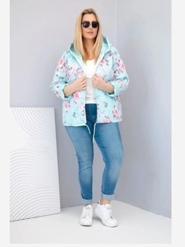 Dámska jarnej prešívanej bunda Plus Size s kapucňou a kvetinovým vzorom mätová