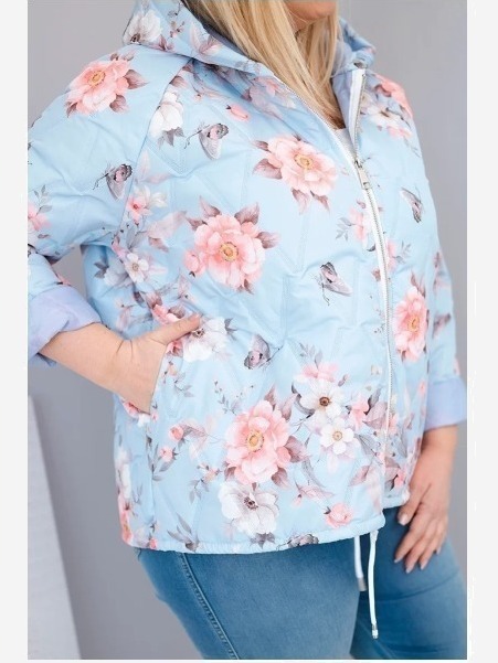 Dámska jarná prešívaná bunda Plus Size s kapucňou a kvetinovým vzorom modrá