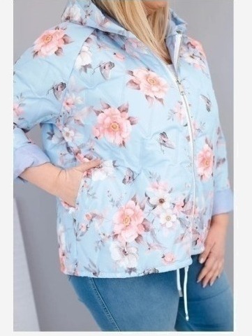 Dámska jarná prešívaná bunda Plus Size s kapucňou a kvetinovým vzorom modrá
