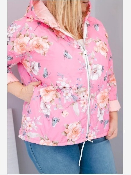 Dámska jarná prešívaná bunda Plus Size s kapucňou a kvetinovým vzorom svetloružová