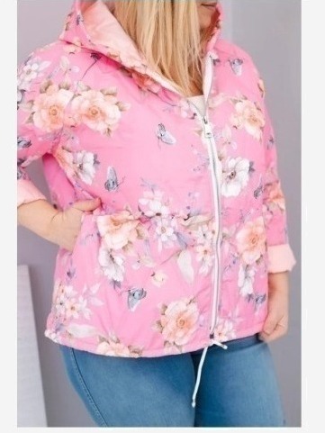 Dámska jarná prešívaná bunda Plus Size s kapucňou a kvetinovým vzorom svetloružová